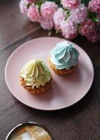 een detailopname van twee capcakes met geel en blauw room Aan een roze bord tegen een houten tafel. een beige kop van cappuccino zit Aan de tafel. in de buurt een bord van cakes liggen mooi roze en wit bloemen. foto