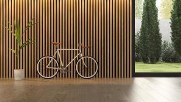 interieur van een moderne woonkamer met een fiets in 3D-rendering