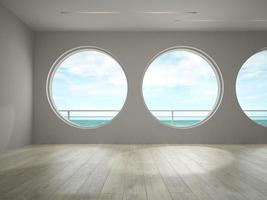 interieur van een lege ruimte met uitzicht op zee in 3D-rendering foto