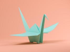 blauwe origami kraan op een roze achtergrond in 3d illustratie