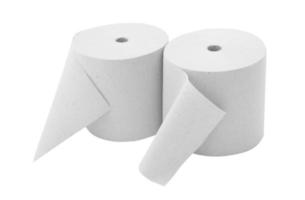 papier rollen bespotten omhoog geïsoleerd Aan wit achtergrond. blanco wit verpakking keuken handdoek, toilet papier rollen, contant geld registreren plakband, thermisch fax rollen. papier rollen sjabloon foto