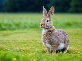 een wild konijn Aan een gras veld- op zoek Bij de camera foto