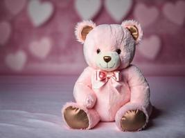 teddy beer met een goud boog stropdas voor valentijnsdag dag hoort decoratie in de achtergrond foto