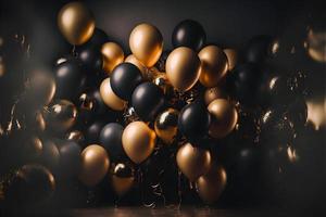 kamer vol van zwart en gouden ballonnen, 3d goud en zwart ballon achtergrond voor groet of viering, romantisch kamer interieur met vol van ballonnen foto