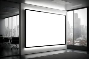 transparant LED scherm mockup in kantoor met muur achtergrond, LED scherm mokcup binnen modern kantoor interieur, LED scherm voor advertentie ruimte. vrij foto