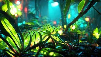 oerwoud Bij nacht onder de licht van lantaarns foto