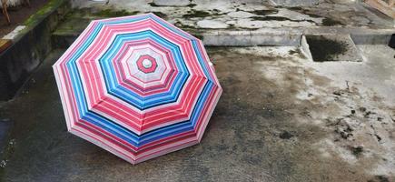 kleurrijk gevormde paraplu's in de werf na regen. regenboog paraplu. natuurlijk achtergrond. kleurrijk paraplu, symbool van regenachtig weer seizoen. kopiëren ruimte. banier foto