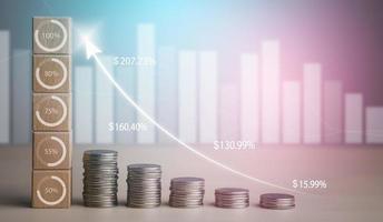 munten stack in voorkant van plein hout en icoon pijl bedrijf, opslaan geld concept, eigendom investering, huis lening, omgekeerde hypotheek, goud munten geld stack groei, besparing geld munten stack toekomst voor h foto