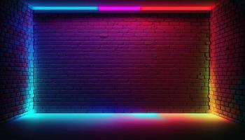 neon kamer een beeld van een kamer of ruimte verlichte door neon verlichting, vaak gebruikt naar creëren een futuristische of retro-futuristisch atmosfeer in ontwerp en zichtbaar media foto