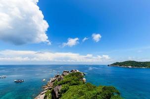 panoramisch visie van koh.8 similan eiland met wit wolk en blauw lucht en Doorzichtig water. foto