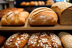 divers brood verkoop Bij de Scherm bakkerij winkel plank. foto