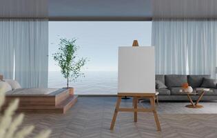 3d mockup blanco canvas Aan houten ezel in slaapkamer renderen foto