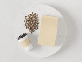 bruin etui Tassen met ritssluiting slot en wit koffie kop met koffie Boon Aan wit achtergrond foto