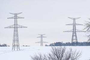 bouw van hoog Spanning pylonen in winter. gemonteerd macht transmissie lijn ondersteunt, klaar voor installatie. foto