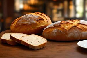 gesneden zuurdesem brood Bij de tafel. foto