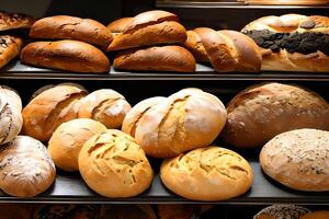 divers brood verkoop Bij de Scherm bakkerij winkel plank. foto