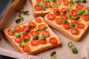 heerlijk vers geroosterd brood of bruschetta met tomaten, kaas, kruiden, zout en specerijen foto