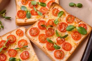 heerlijk vers geroosterd brood of bruschetta met tomaten, kaas, kruiden, zout en specerijen foto