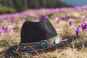 dichtbij omhoog breien fedora hoed Aan vroeg bloemen gras weide concept foto
