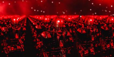 spookachtig robots met gloeiend rood neon ogen. robots hebben draaide zich om tegen mensen 3d geven foto