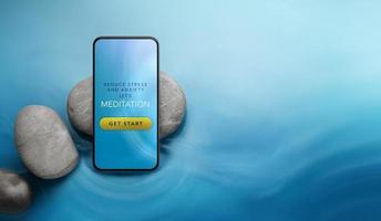 mentaal Gezondheid concept. gebruik makend van tech naar genezing en beoefenen verstand. zelf zorg en rustgevend leven. meditatie app tonen Aan mobiel. tafereel net zo zen met teder beweging water en kiezelsteen steen. top visie foto