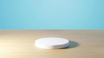 3D-weergave van premium wit podium mockup op tafel met lichtblauwe achtergrond foto