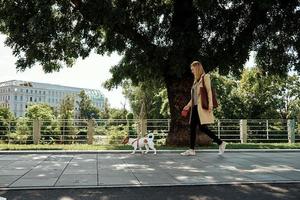 vrouw wandelingen met hond foto