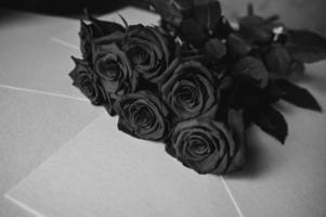 zwart rozen Aan een wit achtergrond. zwart en wit foto van bloemen. rouw bloemen.