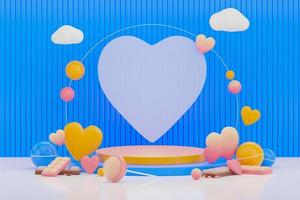 Scherm podium in geel met een realistisch 3d blauw achtergrond en wit hart achtergrond. valentijnsdag dag. 3d geven foto