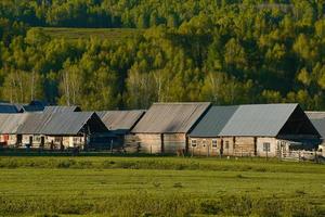 hemu dorp in xinjiang is Leuk vinden een sprookjesland, de traditioneel en gemakkelijk houten huizen zijn vredig en geïsoleerd van de wereld foto