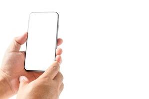 Mens hand- gebruik makend van smartphone met blanco scherm, geïsoleerd foto