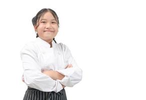 portret van schattig Aziatisch meisje in chef uniform geïsoleerd Aan wit achtergrond, foto