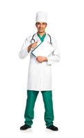 portret van dokter met Gezondheid Vermelding Aan wit achtergrond foto