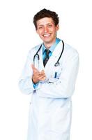 portret van een glimlachen mannetje dokter tonen vinger Bij u foto