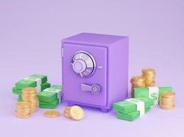 veilig doos met geld 3d geven - illustratie van Gesloten Purper kluis omringd door stapel van goud munten en papier contant geld. foto