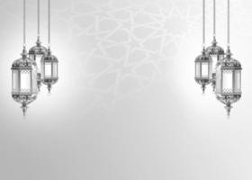 Ramadan kareem. Islamitisch groet sjabloon met Ramadan voor behang ontwerp. poster, media banier . zilver lamp en een halve maan Aan een grijs foto
