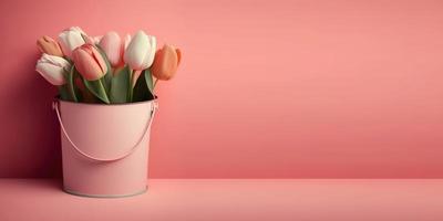 een emmer van tulpen Aan roze achtergrondkleur met een schoon leeg ruimte foto