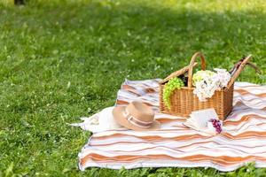 picknick deken met smakelijk voedsel, mand Aan groen gras buitenshuis. ruimte voor tekst foto