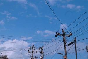 hoog Spanning elektrisch draad met blauw lucht achtergrond foto