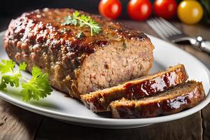 bord met smakelijk gebakken kalkoen gehaktbrood Aan tafel dichtbij foto