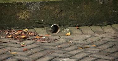 een water pijp naar riolering of riool Aan steen trottoir foto geïsoleerd Aan buitenshuis achtergrond, met een weinig droog bladeren Aan de grond.