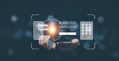 hand- en smartphone met scannen de bescherming systeem cyber veiligheid, inloggen, gebruiker, identificatie informatie veiligheid en encryptie, beveiligen toegang naar gebruiker's persoonlijk informatie, beveiligen internet toegang foto