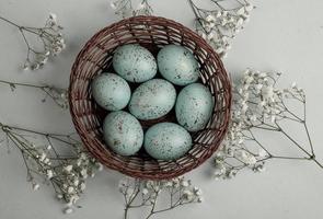 pastel Pasen eieren achtergrond. voorjaar groeten kaart. Pasen eieren in mand foto