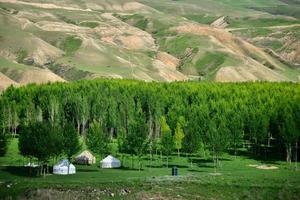 Kazachs voelde huizen Aan de kalajun prairie in xinjiang foto