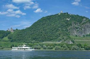 visie over- Rijn rivier- naar drachenfels en drachenburg kasteel, Siebengebirge regio, duitsland foto