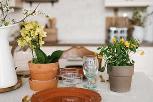 voorjaar decor van een knus huis. bloemen in klei potten. portie Pasen ontbijt of lunch Aan de tafel in de keuken foto