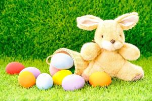 konijn speelgoed- en Pasen eieren in mand foto