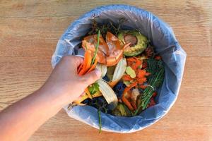 huiselijk verspilling voor compost van fruit en groenten. vrouw gooit afval. foto