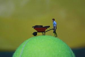 miniatuur figuur van een vrouw boer werken de land- met een zonsopkomst achtergrond. foto