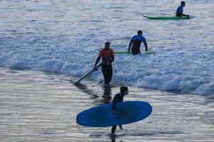 surfers krijgen klaar naar invoeren de water en wandelen met de bord langs de oever. foto